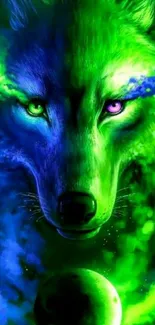 Neon green and blue glowing wolf wallpaper.