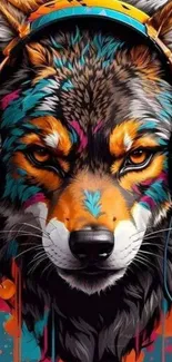 Vibrant wolf wearing headphones, colorful mobile wallpaper art.