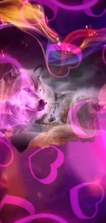 Mystical wolf with pink and purple hearts in a vibrant wallpaper.