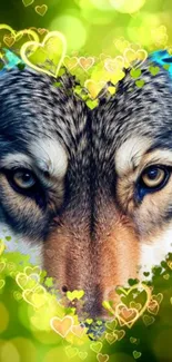 Wolf face with heart motifs on a vibrant green background.