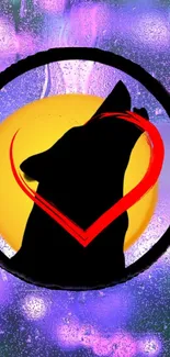 Wolf silhouette with heart against vibrant purple and yellow background.