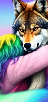 Rainbow haired person hugs a serene wolf in a vibrant wallpaper.