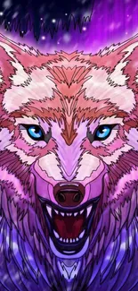 Vibrant wolf illustration with purple hues and intricate details.