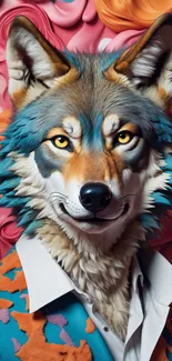 Surreal wolf with vibrant colors in artistic attire for mobile wallpaper.