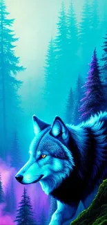 Vibrant wolf in a mystical, colorful forest scene with blue and purple hues.