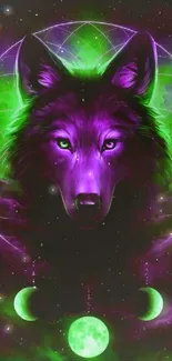 Vibrant neon wolf with moons in purple and green cosmic design.