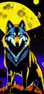 Vibrant wolf under a glowing yellow moon.