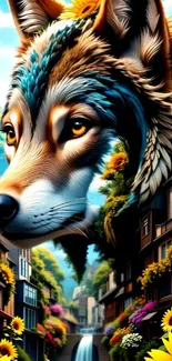Colorful fantasy wolf with sunflowers and cityscape.
