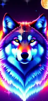 Neon wolf artwork with vibrant colors and moon.