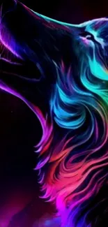 Colorful neon wolf art on a dark background.