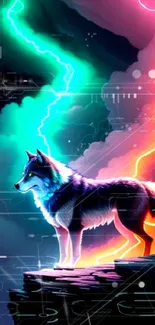 Vibrant wolf on a mystical cliff with colorful lightning.