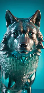 3D glass wolf sculpture on teal background.