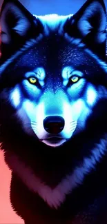 Vibrant wolf image with blue and red contrast.