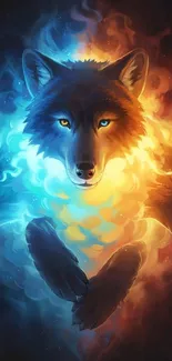 Mystical wolf spirit in vibrant blue and orange hues.