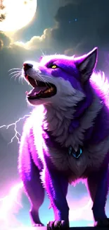 Purple wolf howling under moonlit sky with lightning and vibrant colors.