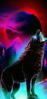 Colorful wolf howling under neon-lit sky with mystical moon.