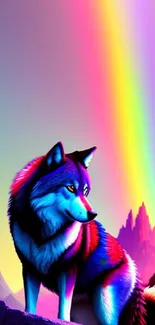 A vibrant wolf sits under a colorful rainbow in a mountain landscape.