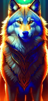 Vibrant wolf wallpaper with orange and blue hues in stunning artistic design.