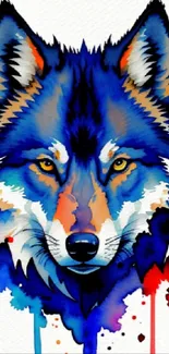 Colorful watercolor wolf artwork with vibrant blue and red shades.