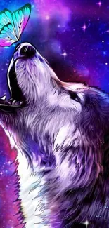 Vibrant wolf with butterfly on a cosmic galaxy background.