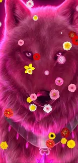 Neon pink wolf with colorful flowers on fur.