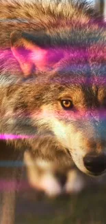 Wolf with neon pink stripes in vibrant artwork.