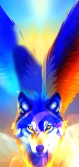 Vibrant artistic wallpaper of a wolf with colorful wings.