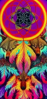 Neon wolves with dreamcatcher on a vibrant colorful background.