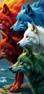 Five colorful wolves in artistic fantasy.