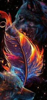 Colorful wolves and fiery feather on a starry black background.