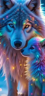 Neon-lit wolves with vibrant glowing fur