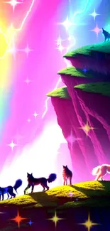 Vibrant digital art of wolves on a colorful cliff under a neon sky.