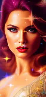 Vibrant artwork of elegant woman with purple hues.