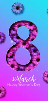 Vibrant Women's Day wallpaper with flowers and the number eight.