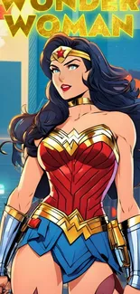 Cartoon Wonder Woman in vibrant city setting.