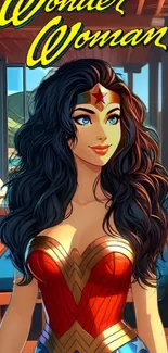 Animated Wonder Woman in vibrant setting.