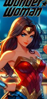 Wonder Woman animated character with city backdrop.