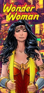 Wonder Woman in vibrant comic art style with colorful background.