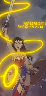 Wonder Woman with neon lasso and sword, dynamic art design.