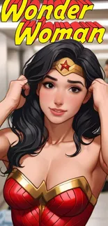 Wonder Woman cartoon art in vibrant colors on mobile wallpaper.