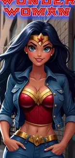 Vivid Wonder Woman in urban setting wallpaper.