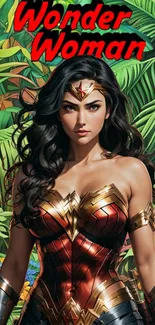 Wonder Woman wallpaper with tropical foliage and vibrant colors.