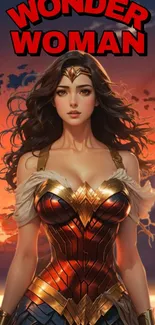 Vibrant Wonder Woman artwork mobile wallpaper with an orange background.