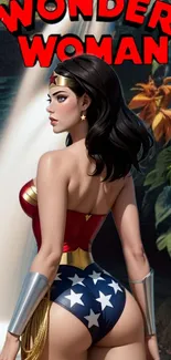 Wonder Woman in vibrant costume, artistic digital wallpaper.