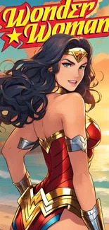 Wonder Woman on a sunny beach with vibrant colors.