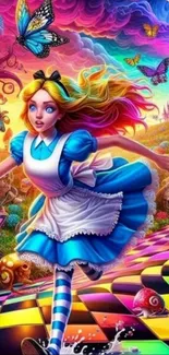 Colorful Alice in Wonderland inspired digital artwork with butterflies.