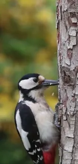 Woodpecker perched on a tree trunk with a blurred green background.