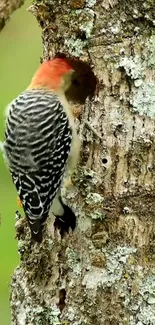 Vibrant woodpecker perched on a tree trunk, showcasing nature's beauty.