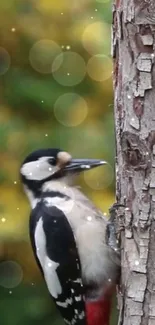 Woodpecker perched on a tree with a soft bokeh background.