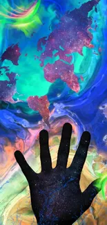 Abstract colorful wallpaper with hand and world map overlay.